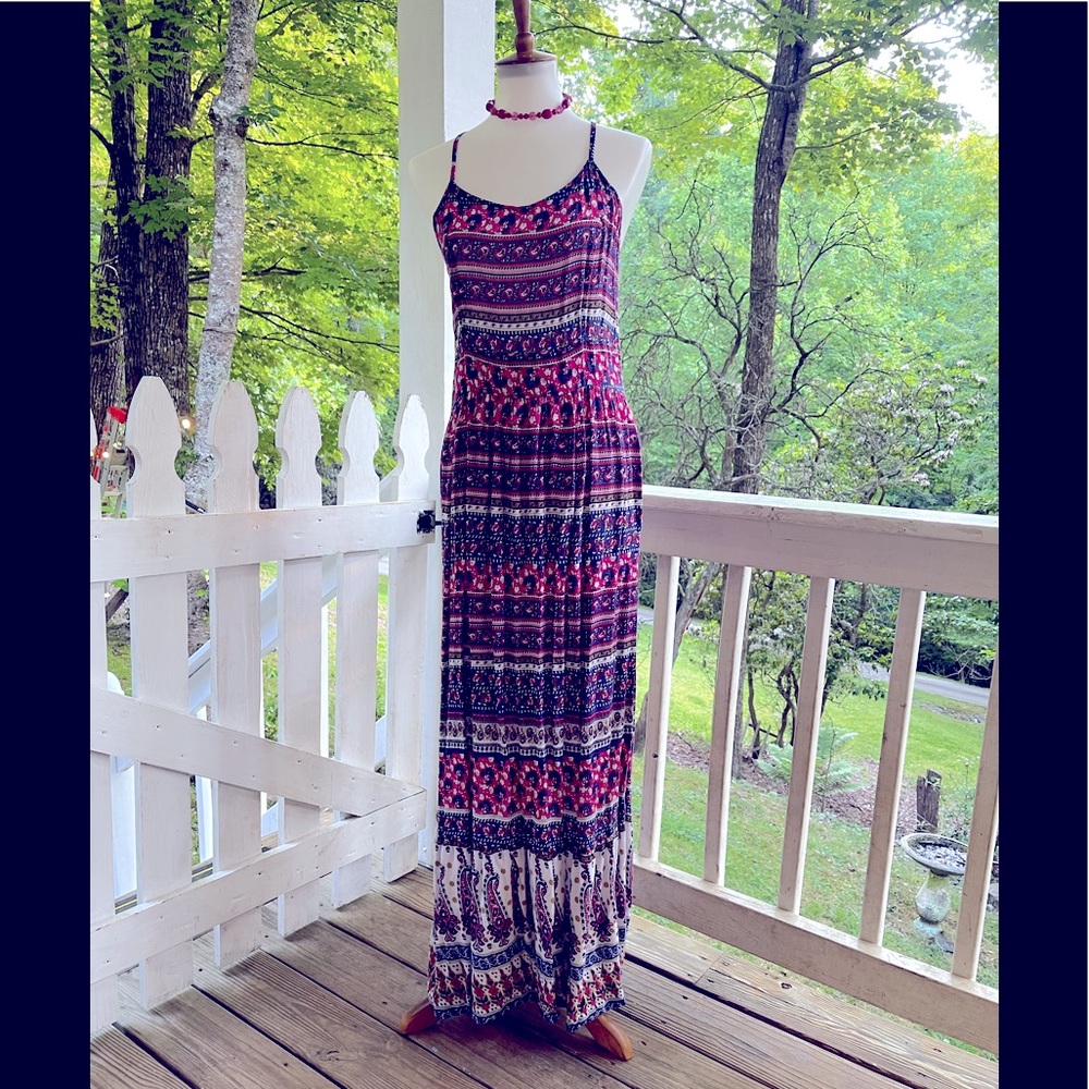 Cost Plus World Market Pink and Navy Boho Maxi Dress